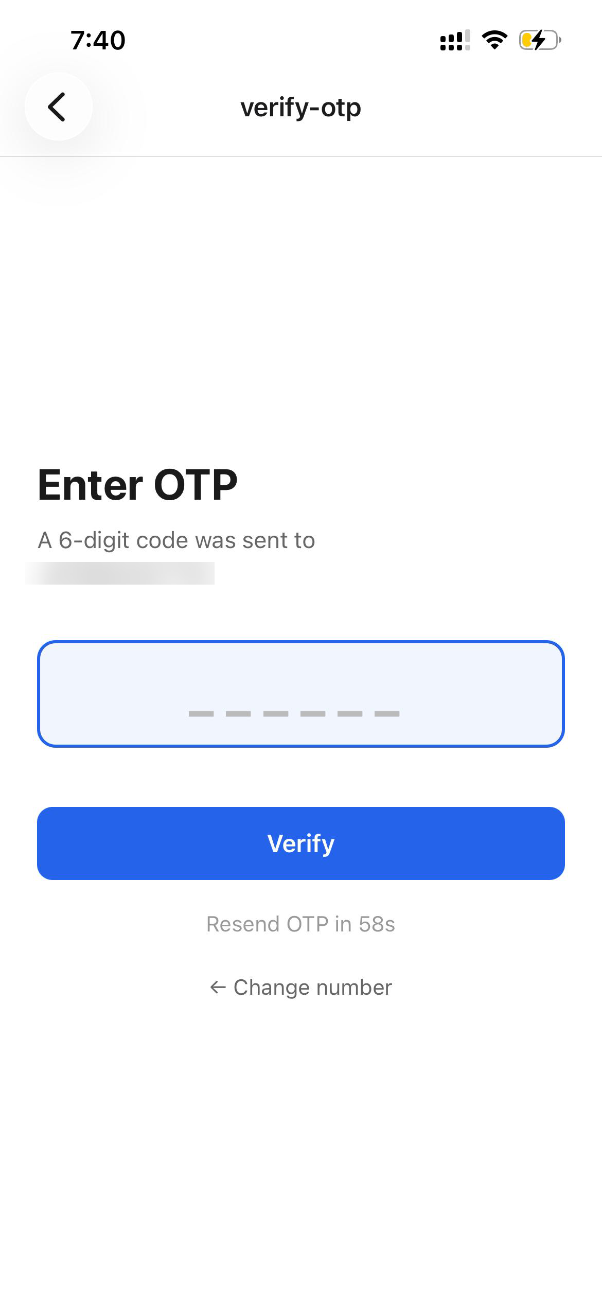 Hisaab login screen — enter phone number to receive OTP via WhatsApp