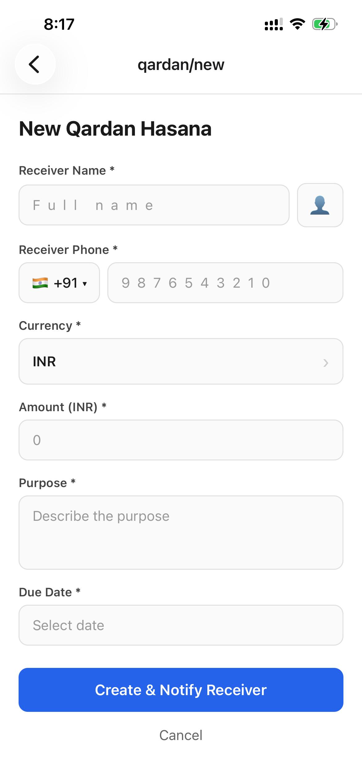 Hisaab new qardan form — enter receiver name, phone, currency, amount and due date