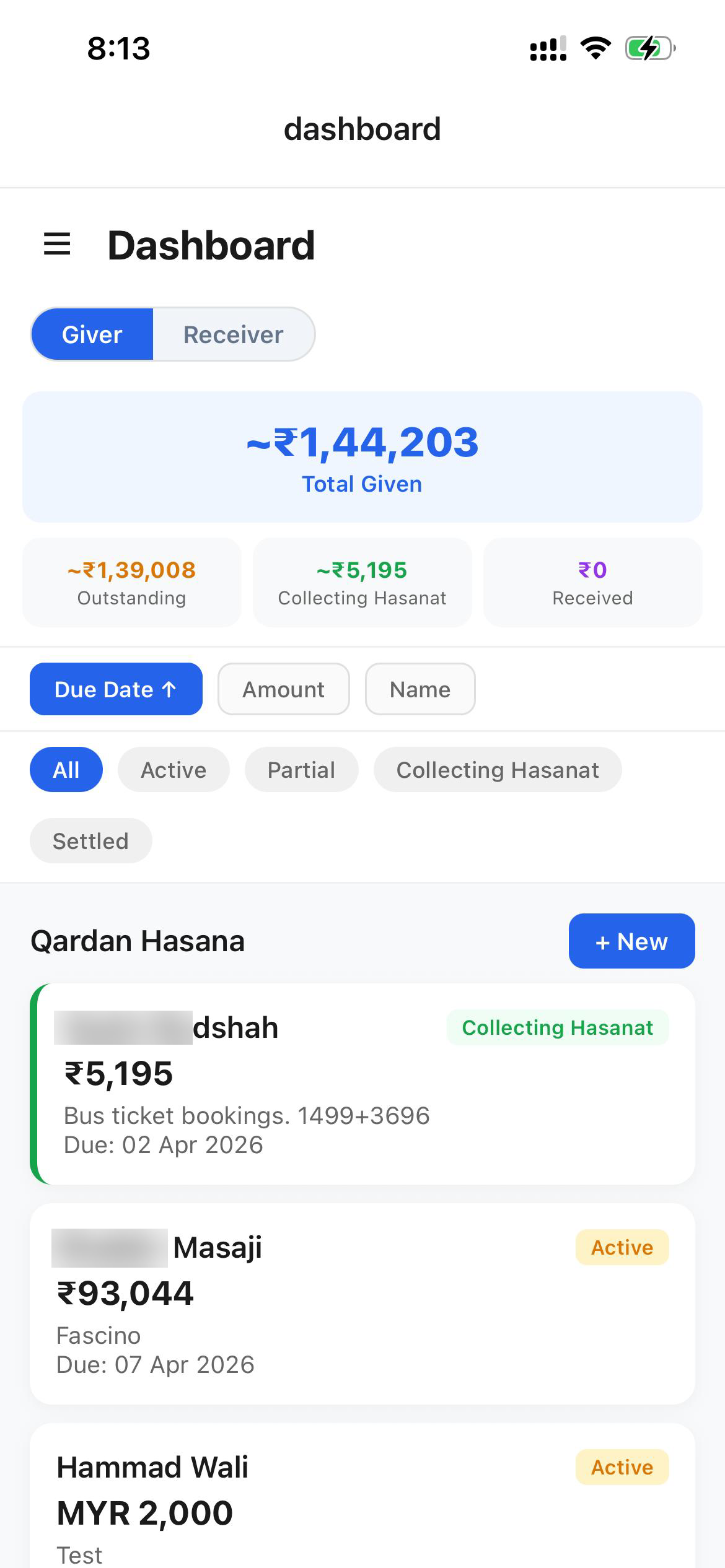 Hisaab receiver dashboard — showing total received ₹69,100 with repayment breakdown
